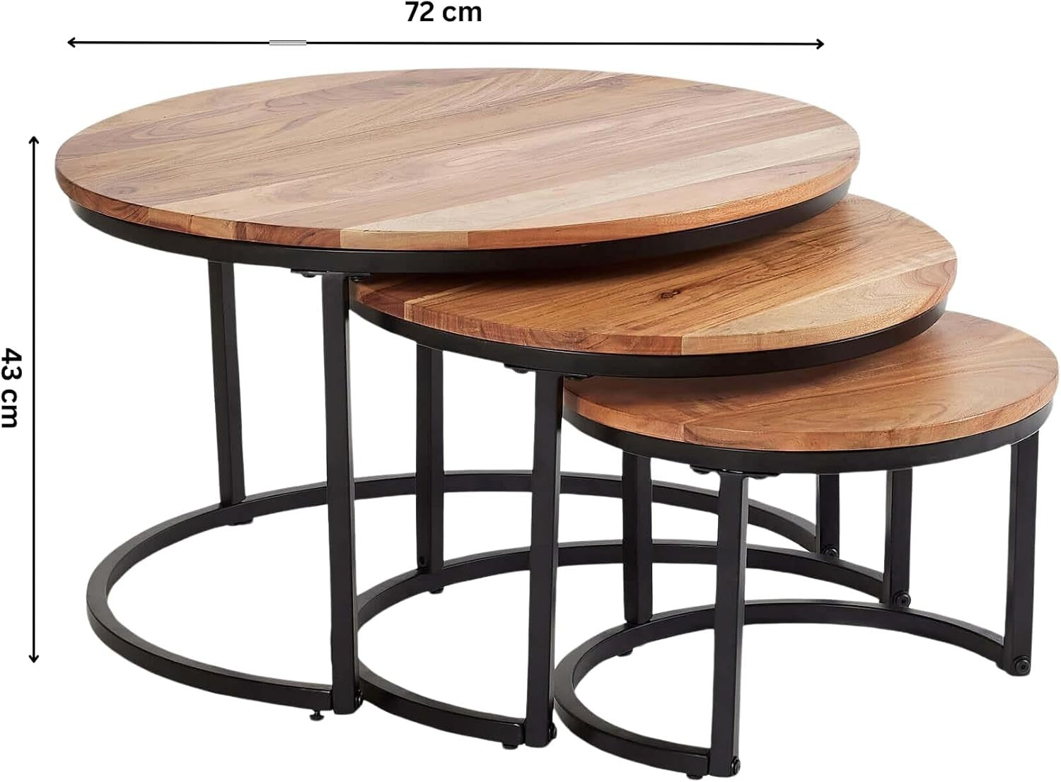 Nest of Tables 3PC Coffee Side End Round Industrial Wood Metal Living Room