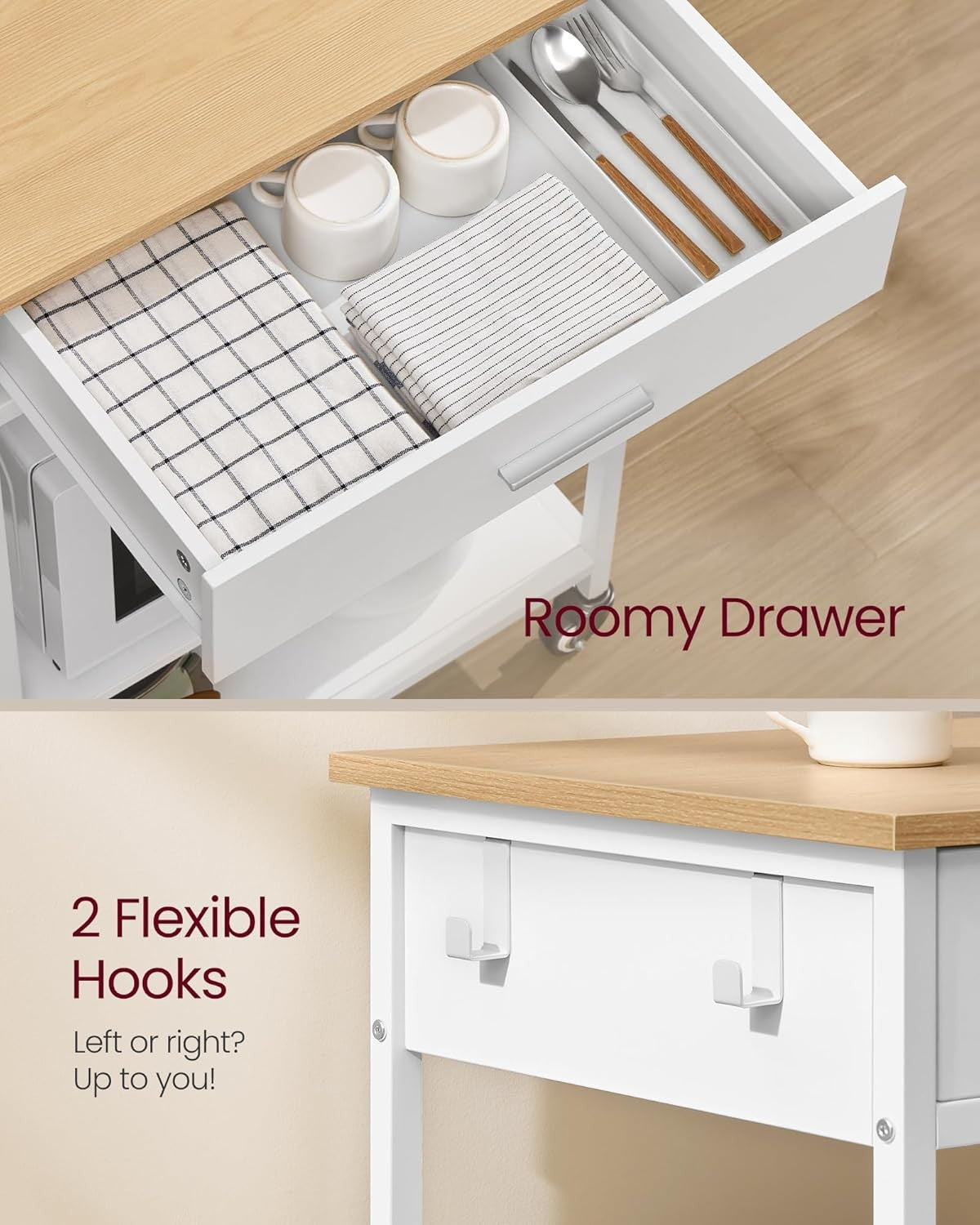 Kitchen Island Trolley on Wheels Storage Cart with Drawer Shelf Hooks