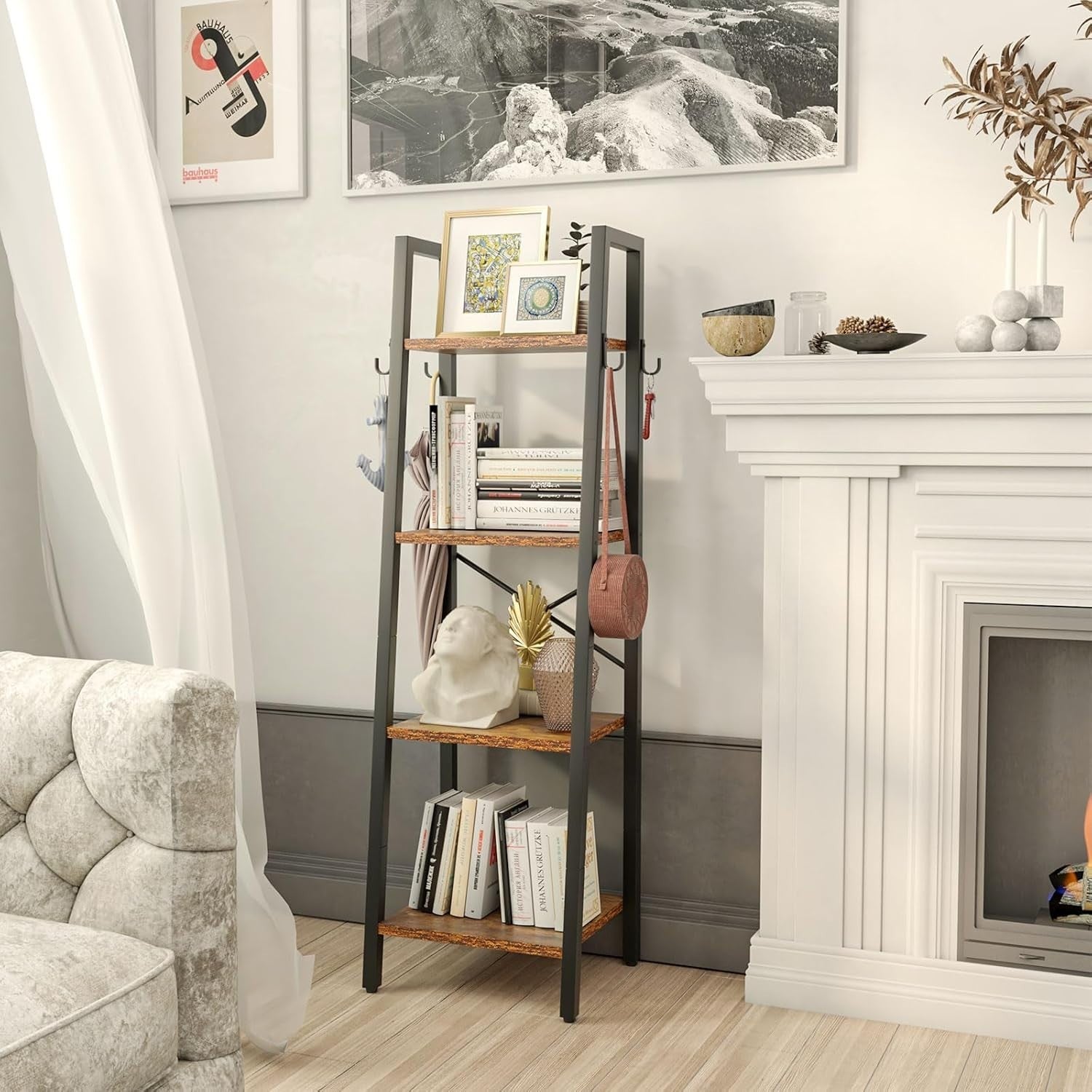 Industrial Ladder Bookshelf 4 Tier Freestanding Storage Shelf Space Saver