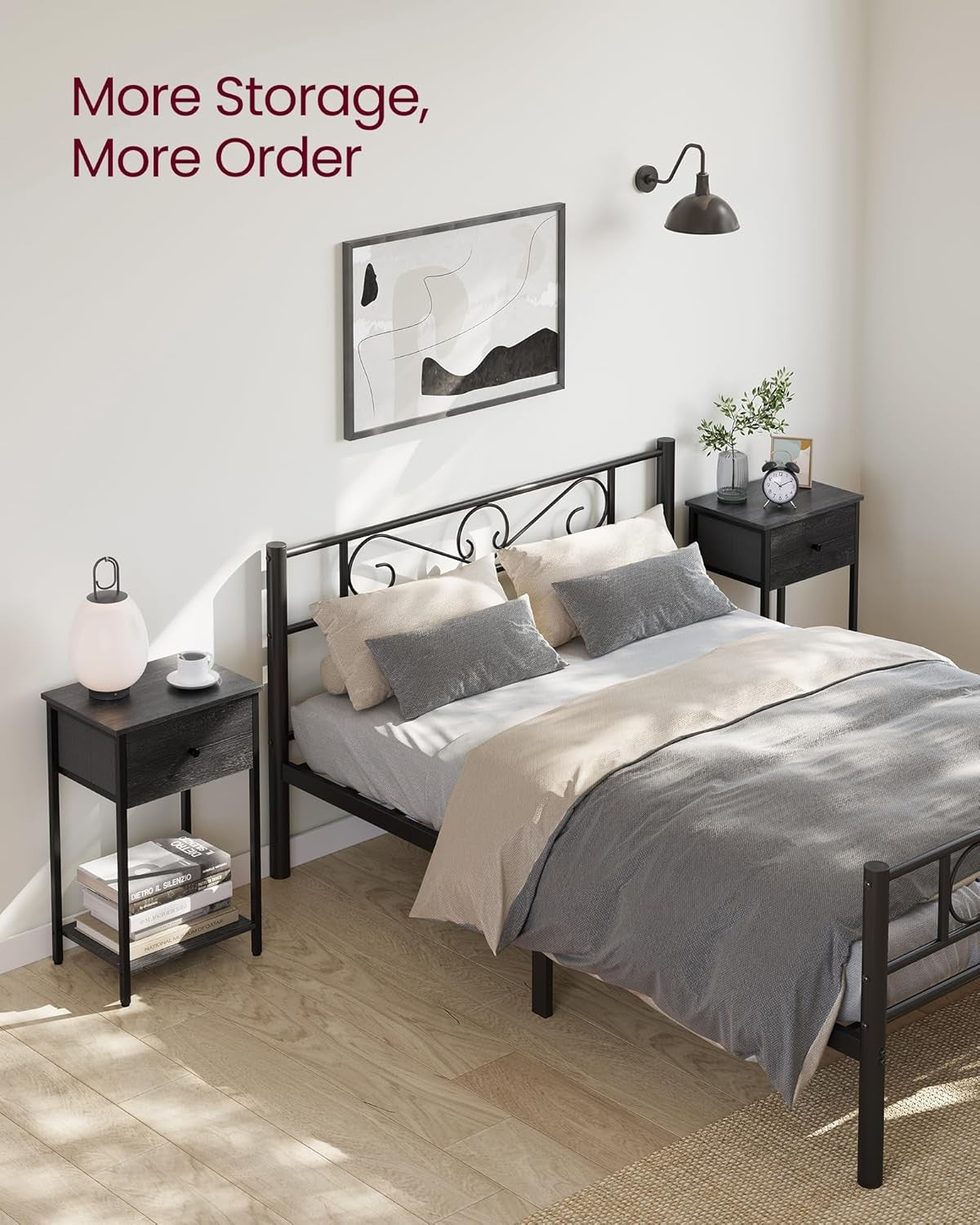 Tall Bedside Table with Drawer & Shelf, Modern 24-Inch Nightstand in Black