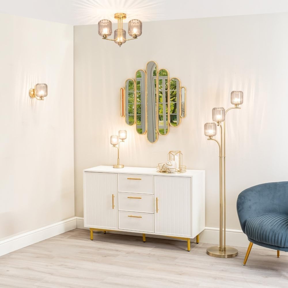 Gold Art Deco Wall Lights Pair Ribbed Glass Shade Modern Vintage Sconce