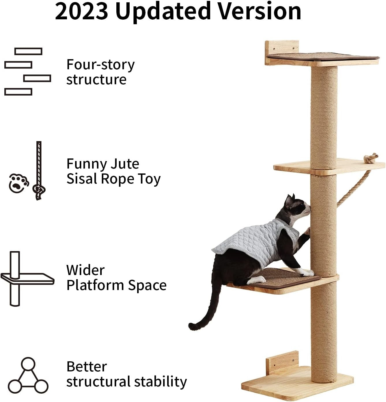 Wall Mounted Cat Scratching Tree 125cm Jute Post Platform Natural Wood