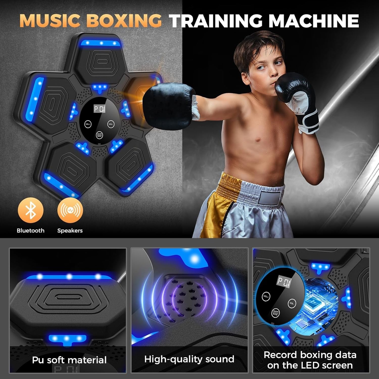 Music Boxing Machine LED Punch Trainer Wall Mounted Bluetooth Fitness Pad