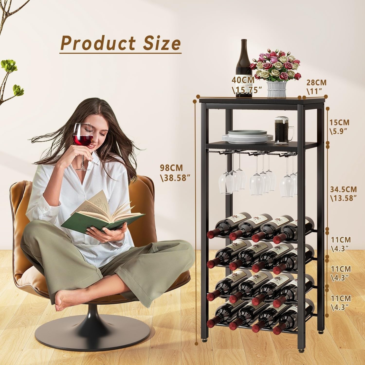 Freestanding Wine Rack 16 Bottle Storage with Hanging Glass Holder Black Shelf