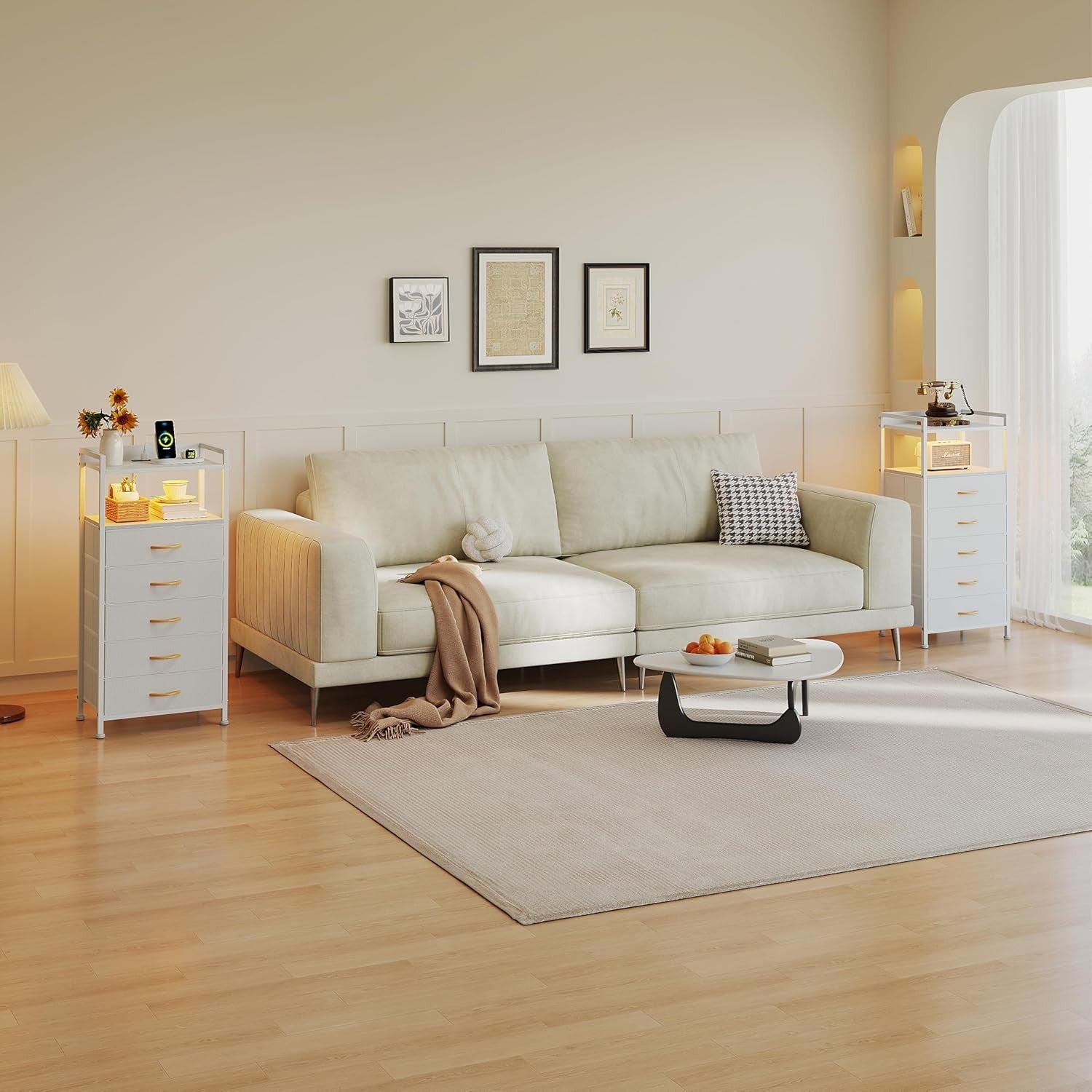 Tall White LED Bedside Table with Charging Ports 5-Drawer Modern Storage Unit