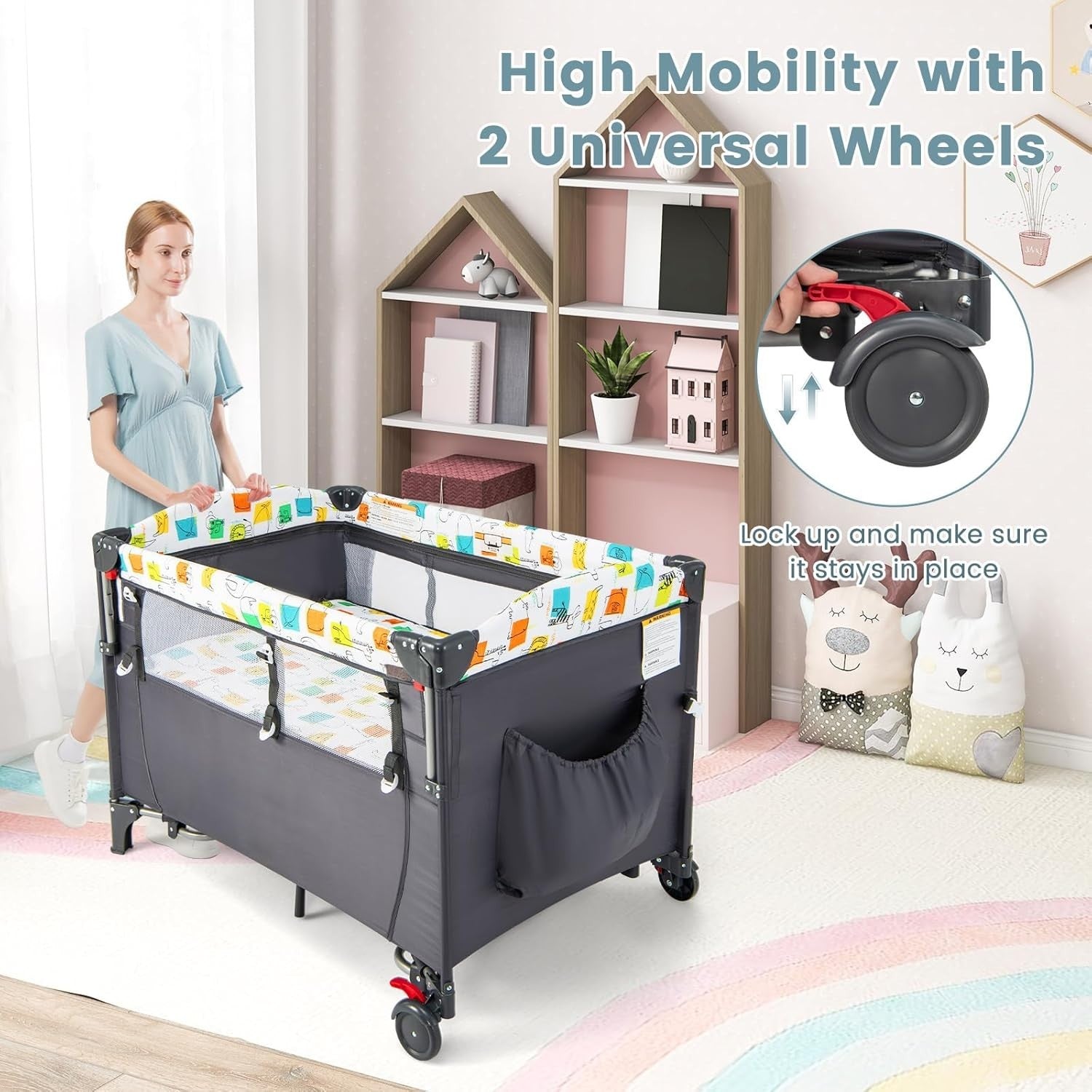 5in1 Baby Travel Cot Bedside Crib Bassinet with Mattress Changer Music Toys