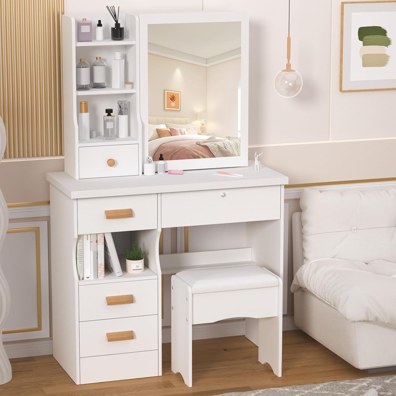 Modern Vanity Dressing Table w/Sliding Mirror 5 Drawers Lockable Storage