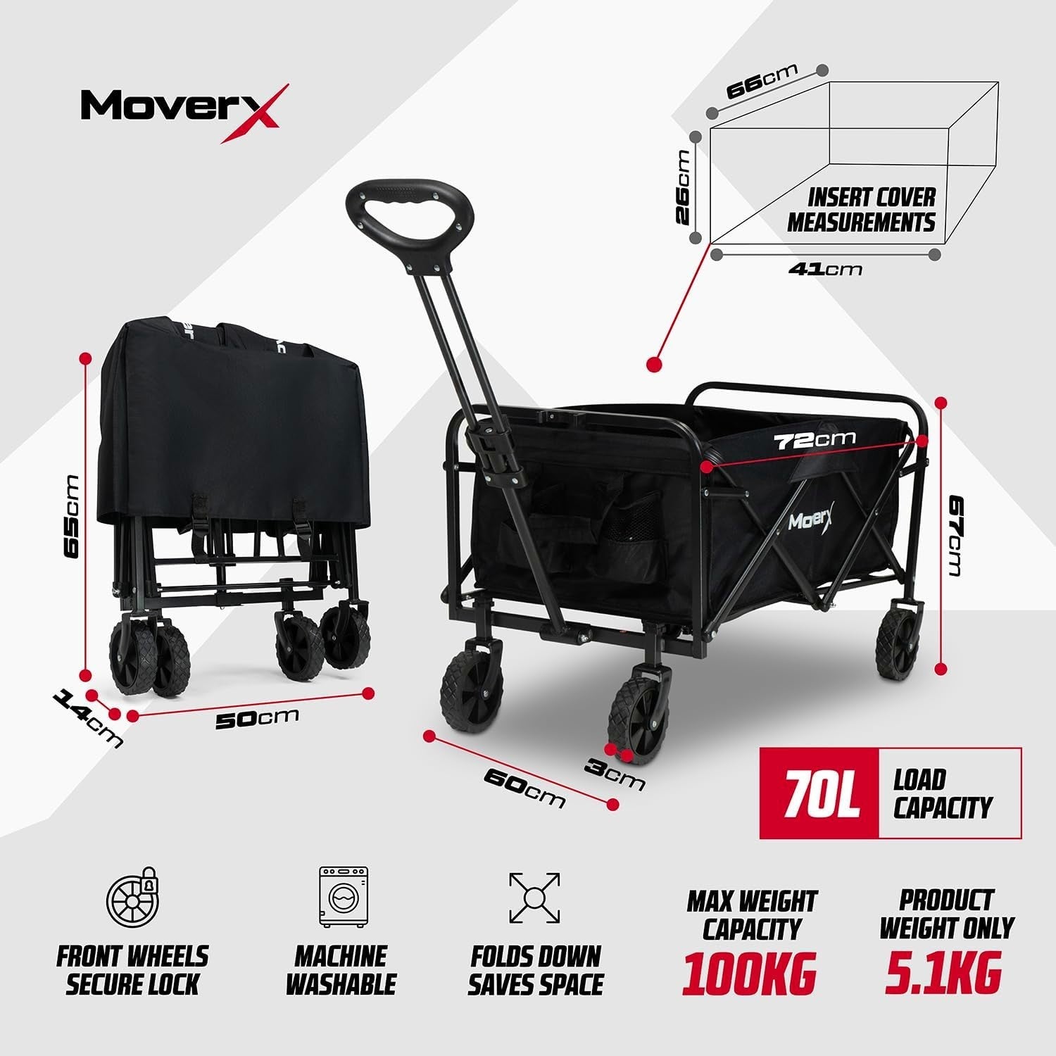 Black 70L Folding Camping Wagon Wide Wheel Lightweight Festival Trolley Cart