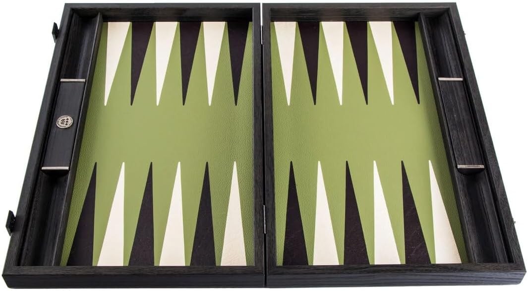 19” Luxury Backgammon Set Olive Green Faux Leather Wooden Foldable Board