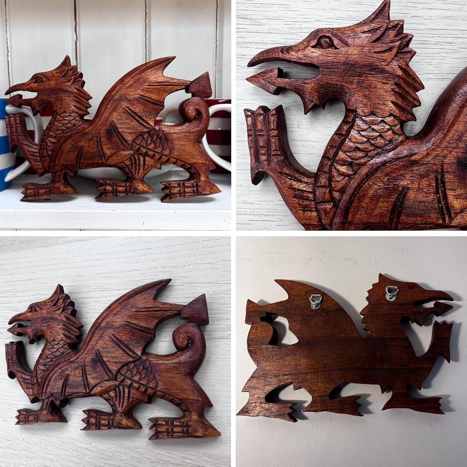 Wooden Dragon Wall Plaque Hand-Carved Decor | Welsh Dragon Ornament | 23cm
