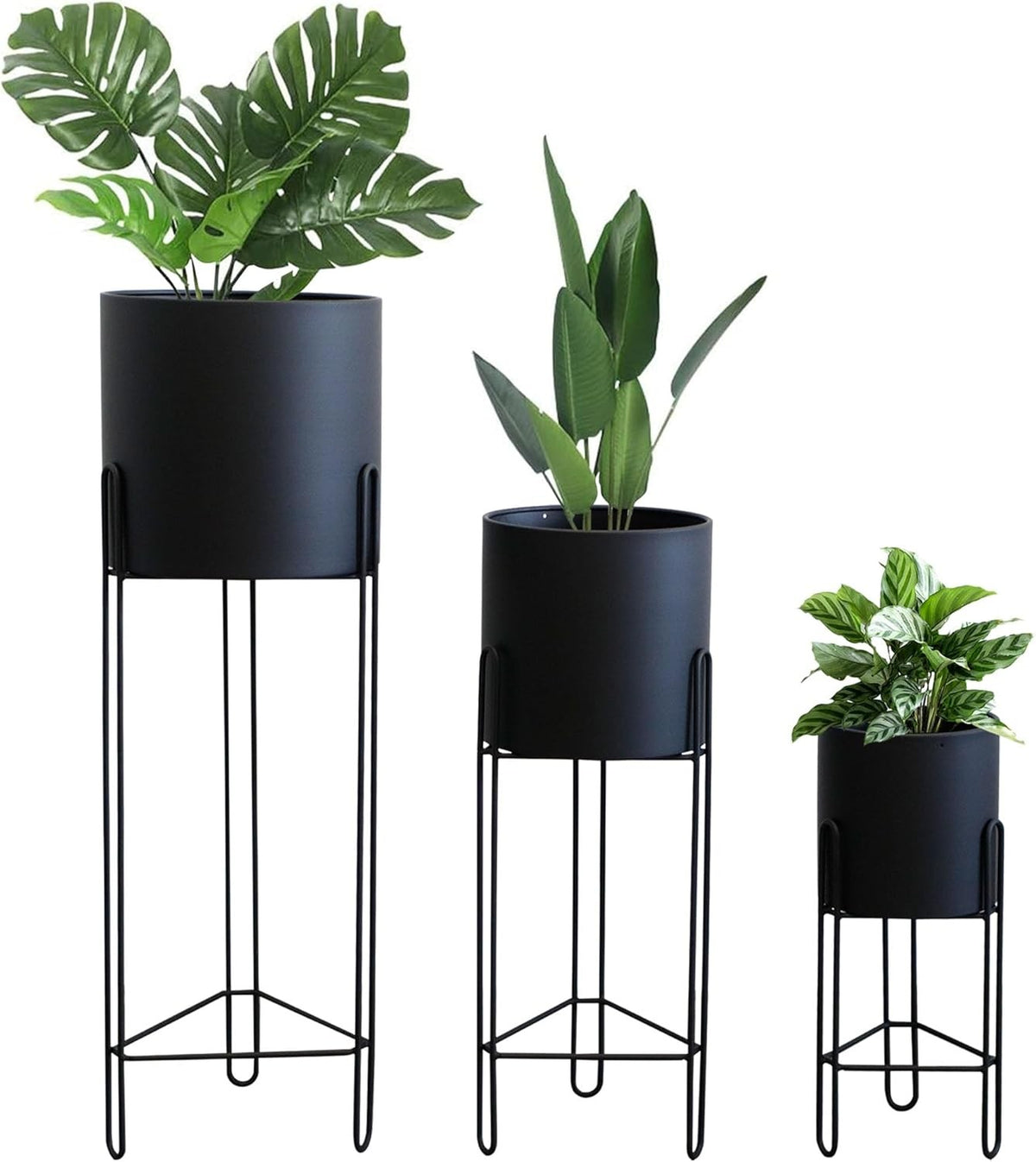Set of 3 Black Metal Plant Stands with Pots Tall Modern Indoor Planters Décor