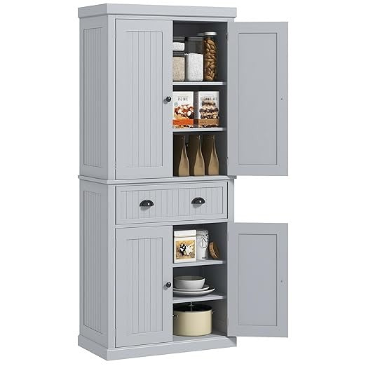 Tall Kitchen Storage Cabinet 4 Door Cupboard with Drawer & Adjustable Shelves