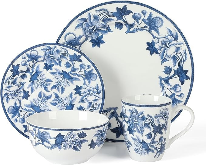 16pc Blue Floral Stoneware Dinnerware Set Plates Bowls Mugs Dishwasher Safe