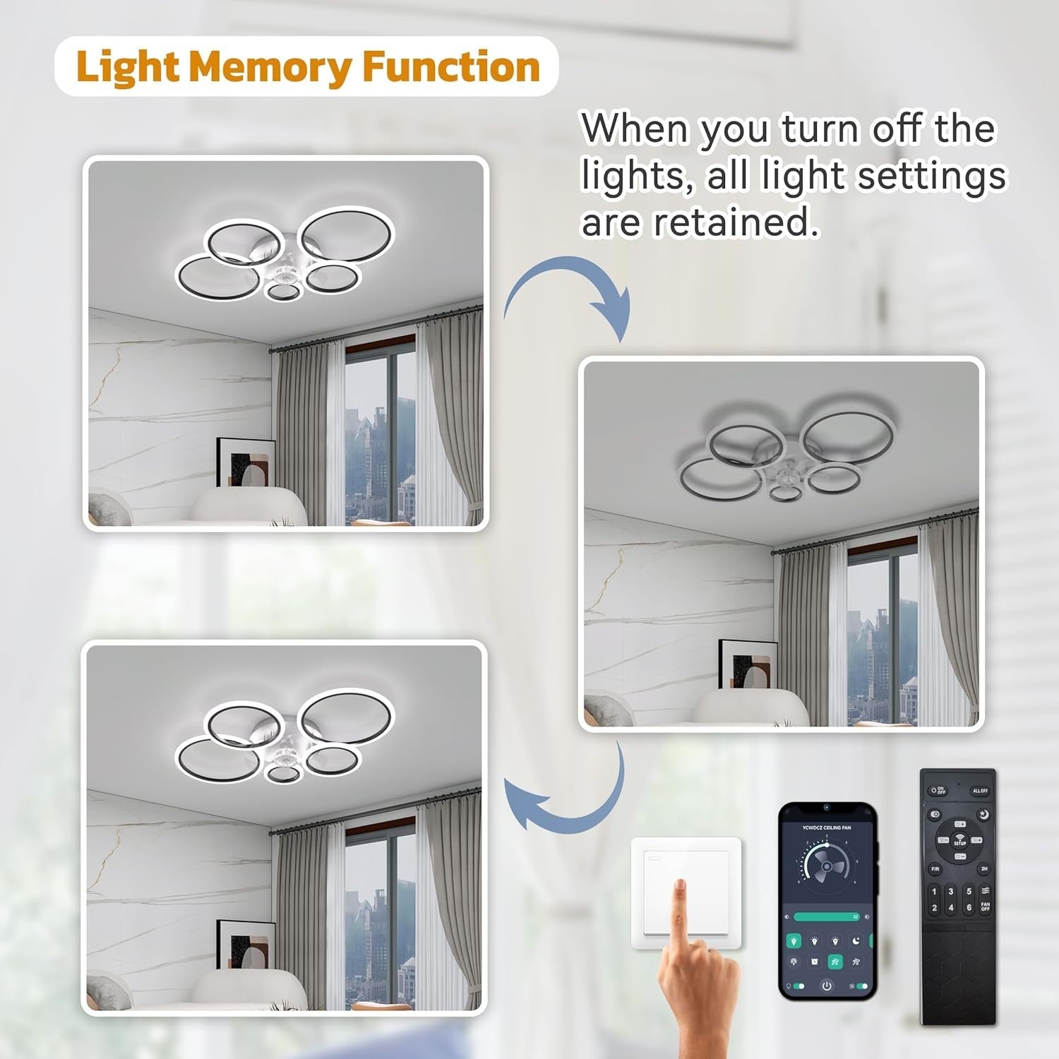 ycwdcz 100CM Smart Ceiling Fan with Light, Black, 6-Speed, Remote, LED