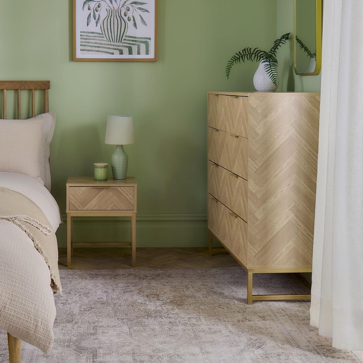 Herringbone 5 Drawer Bedroom Dresser Scandi Wood Effect Storage Cabinet