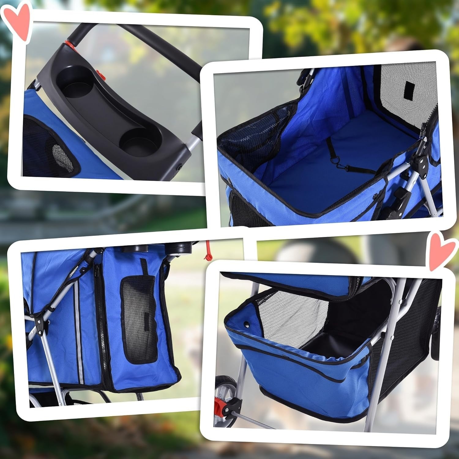 Dog Stroller Foldable 3-Wheel Pet Pram Small Dogs Cats Blue Lightweight