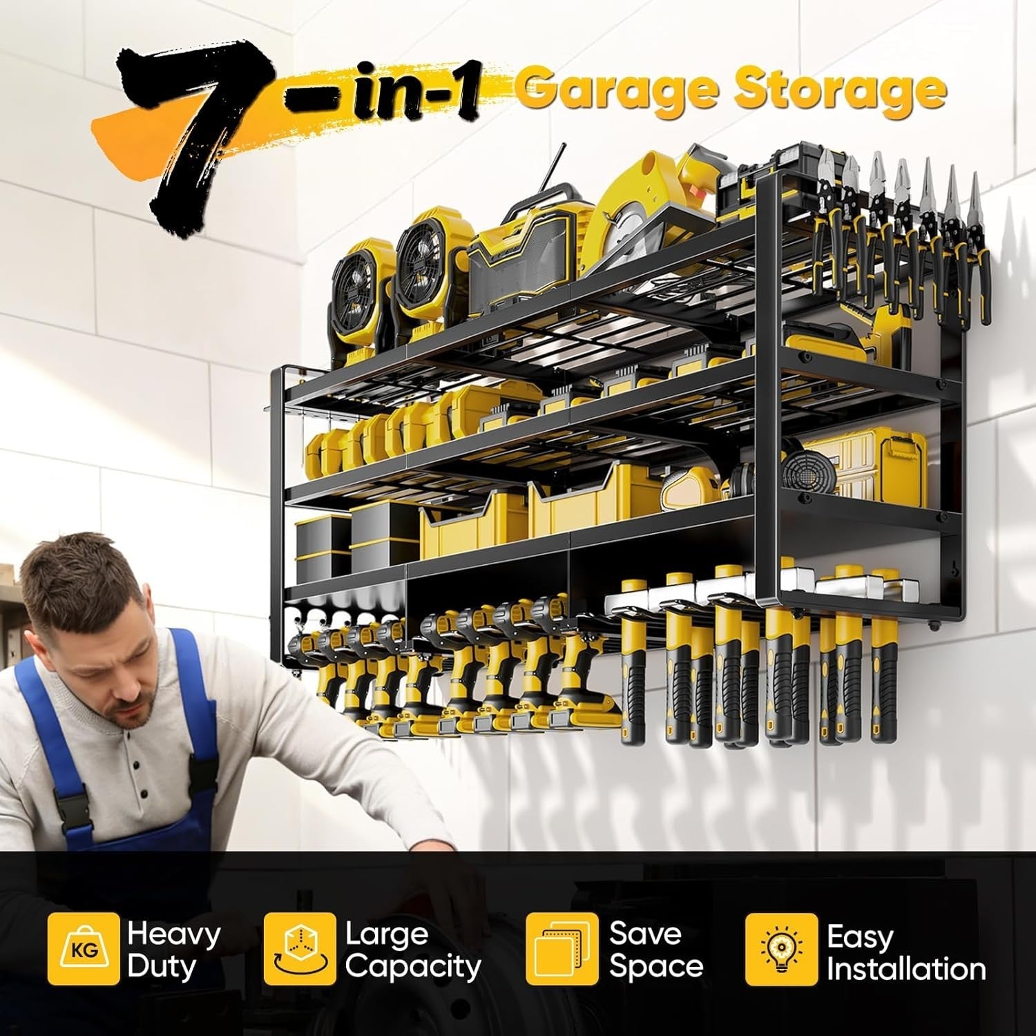 49" Wall-Mount Tool Organizer 4-Tier 12 Drills Holder Black