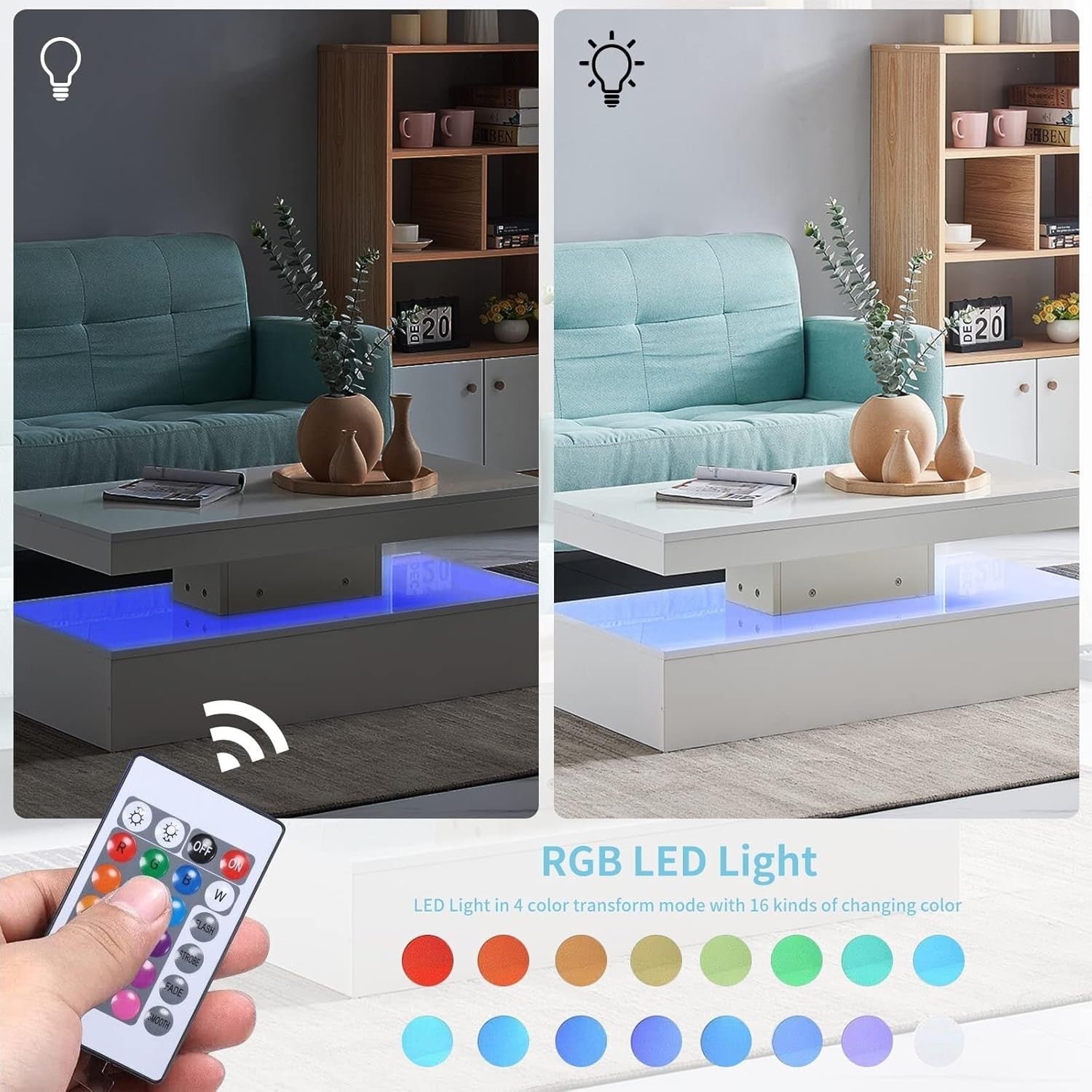 White High Gloss Coffee Table with 16-Color LED Lights – Modern Living Room