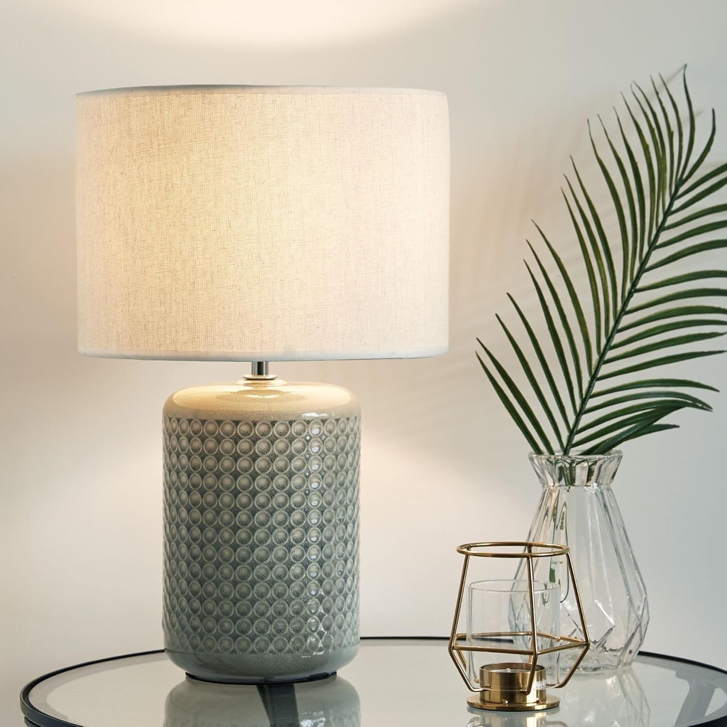 Ceramic Table Lamp Green Beige Fabric Shade Bedside Light E27 40cm