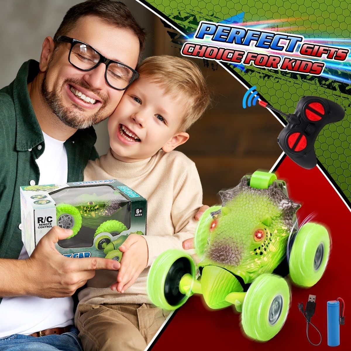 Dinosaur 360° Stunt RC Car for Kids Boys Girls with LED Eyes Toy Gift