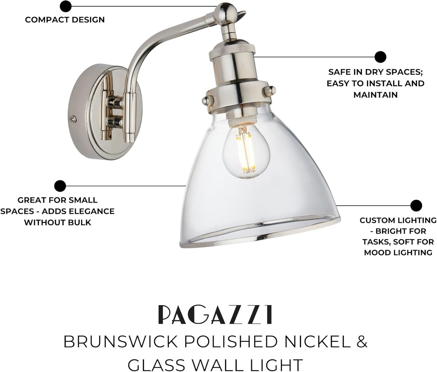 Low-Profile Polished Nickel Glass Wall Light, 23cm, Clear Shade, Modern Accent