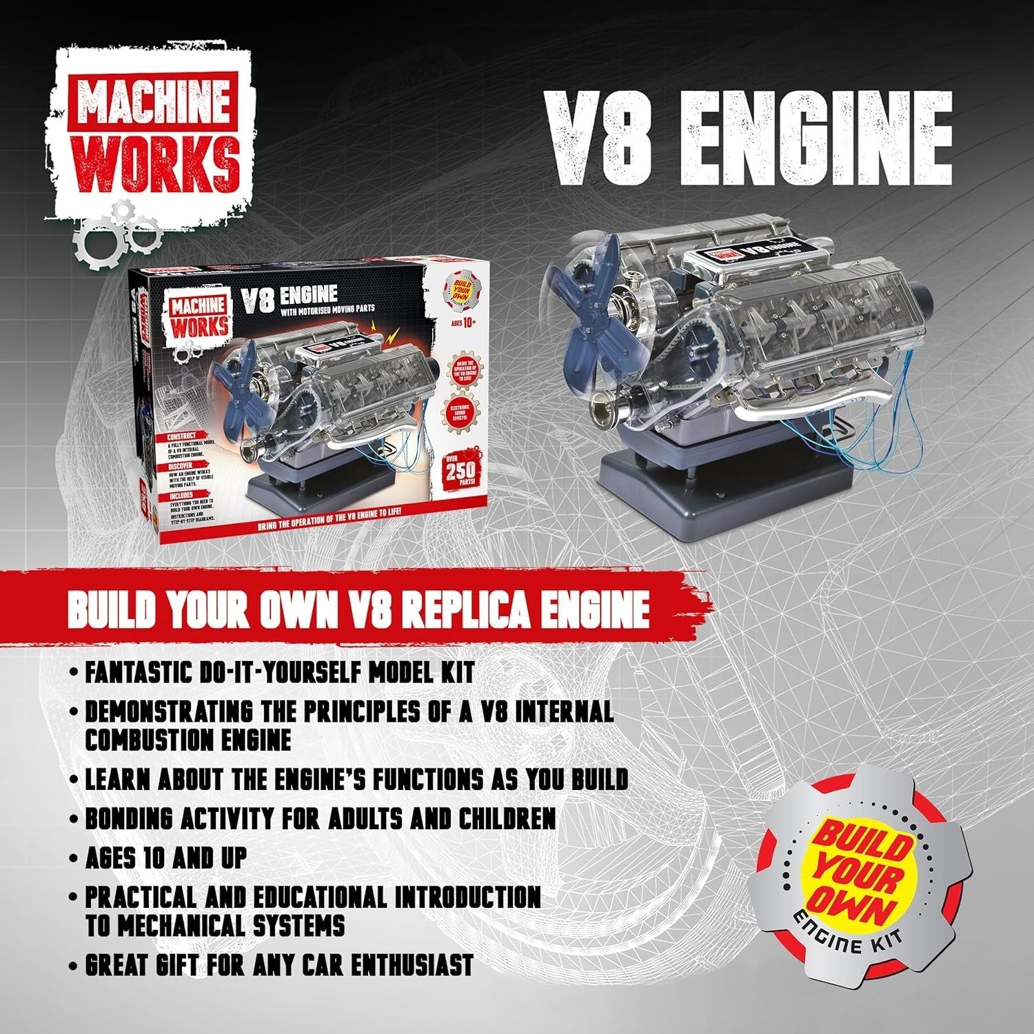 Build Your Own V8 Engine Model Kit – 250+ Parts, AR, Sound & Lights, Ages 10+