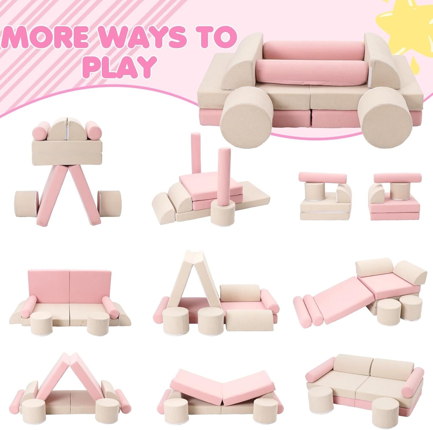 10PCS Kids Modular Sofa Bed Convertible Play Couch Armchair Foam Set Pink Beige
