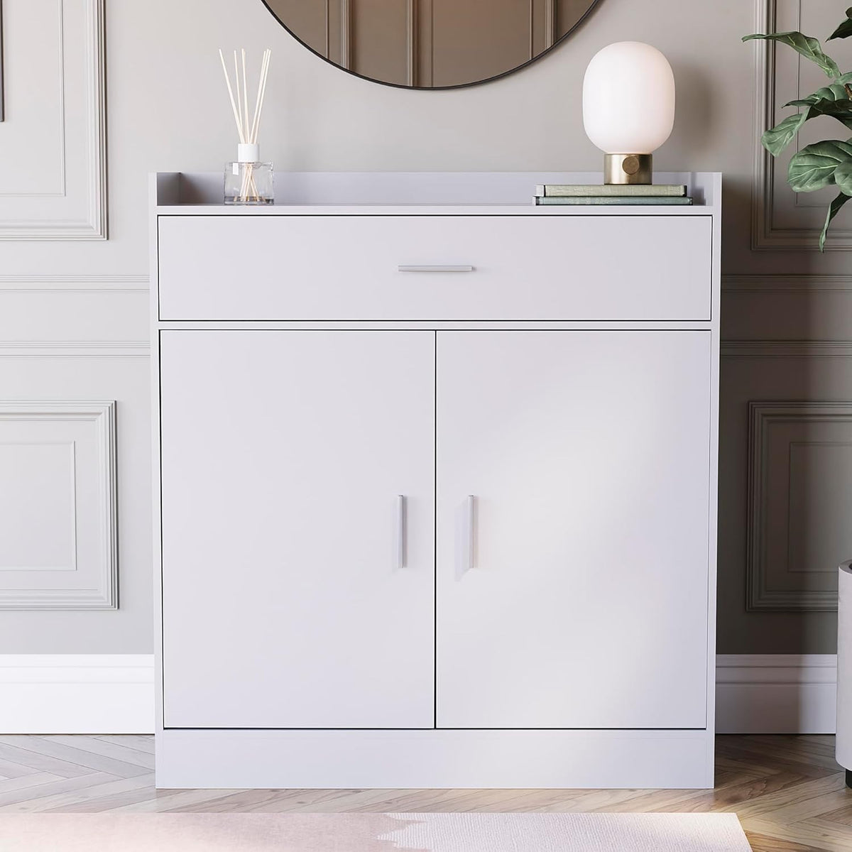 White Shoe Cabinet Modern 2 Door 1 Drawer Storage Cupboard for Hallway