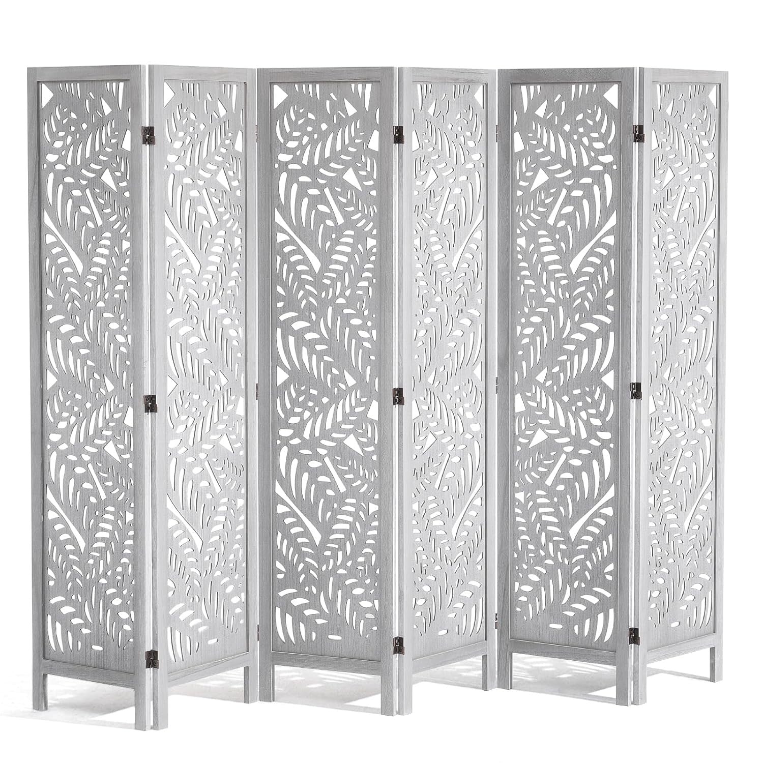 6 Panel White Folding Room Divider Carved Wood Privacy Screen 242x171cm