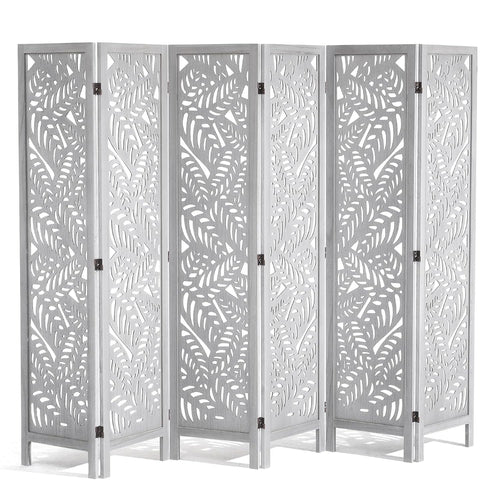 6 Panel White Folding Room Divider Carved Wood Privacy Screen 242x171cm