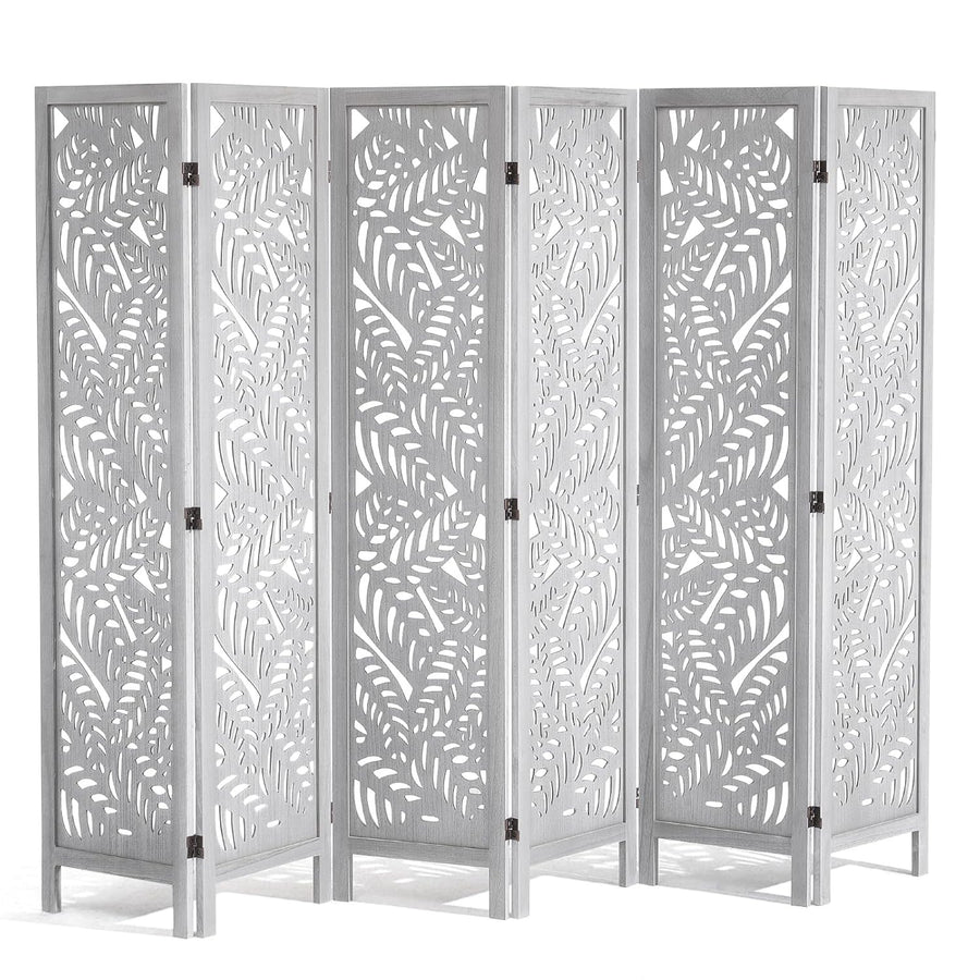 6 Panel White Folding Room Divider Carved Wood Privacy Screen 242x171cm