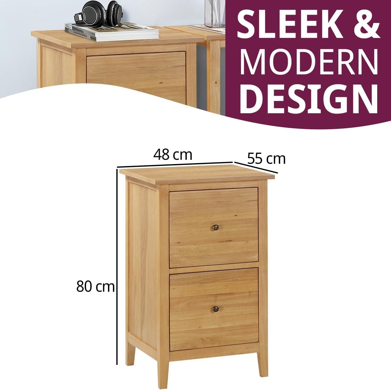 Oak Filing Cabinet 2 Drawer Wooden Office Pedestal Compact Storage