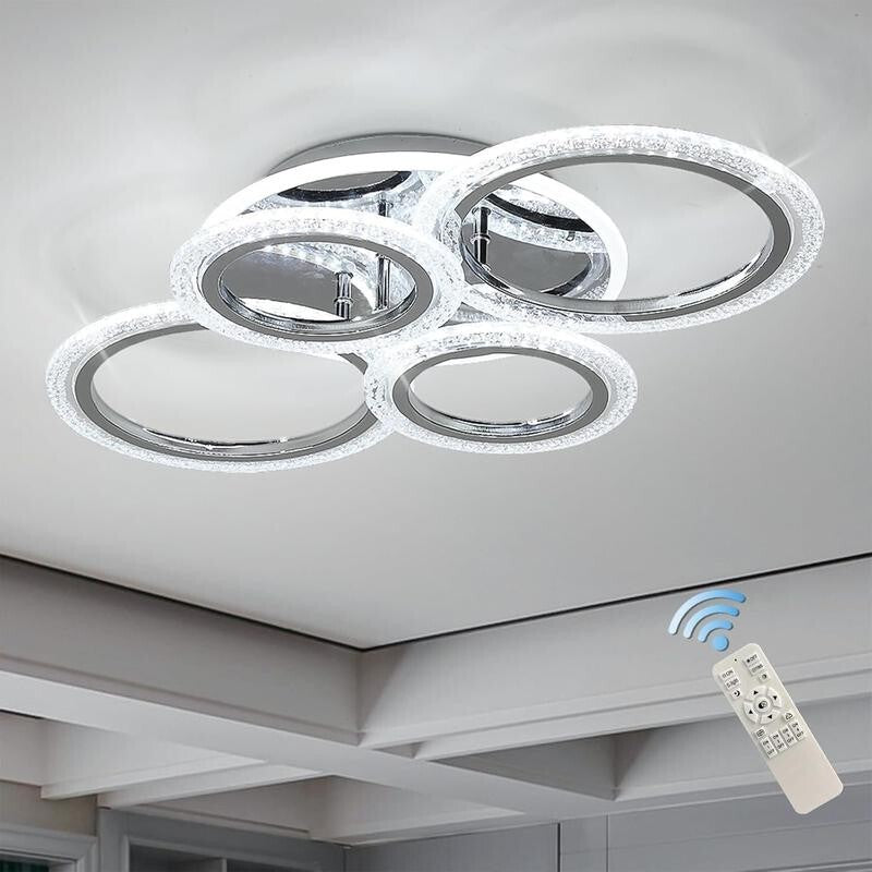 Modern 4-Ring LED Ceiling Light 58W Dimmable Remote Chrome Flush Mount