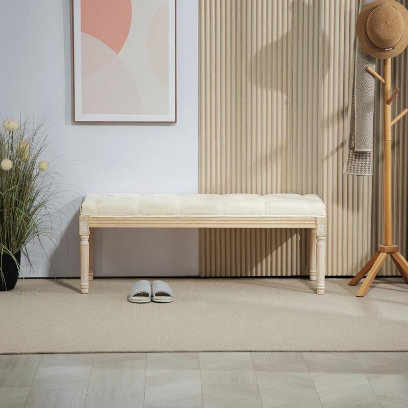 Tufted Cream End of Bed Bench Seat – Vintage Hallway Window Ottoman 115cm