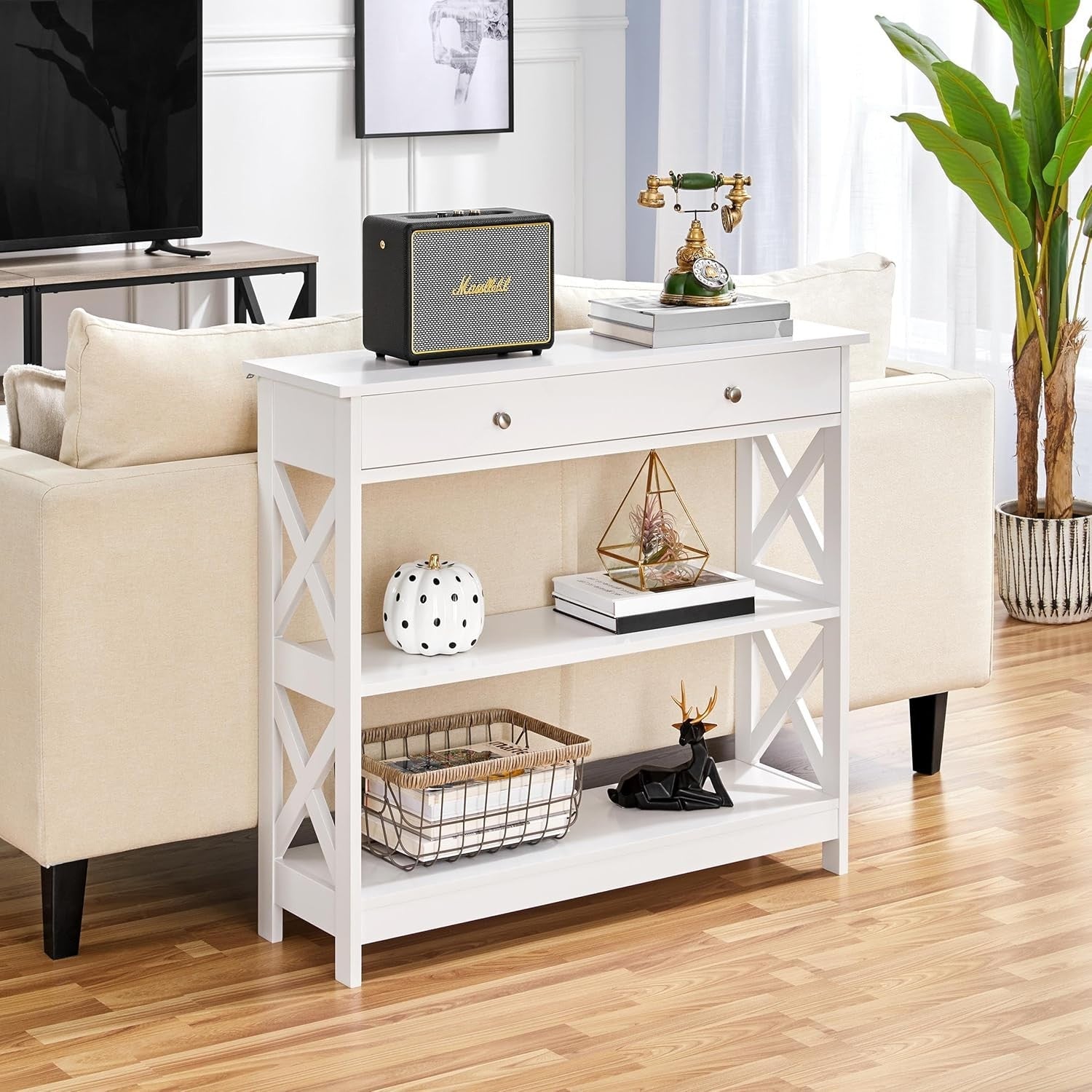 Slim Console Table with Drawer & Storage Shelves – Space-Saving, Durable Wood