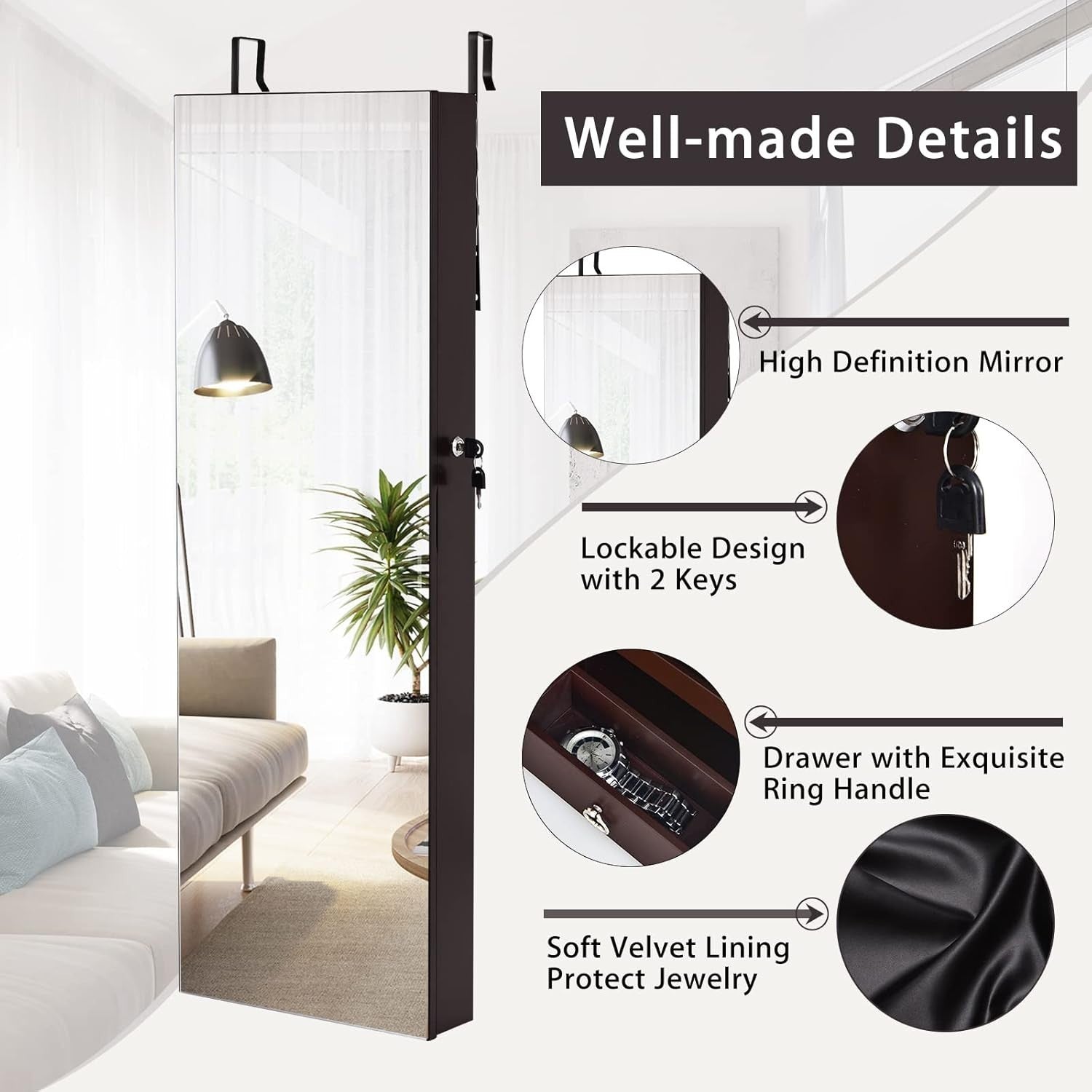 Brown LED Jewelry Armoire Wall Door Mounted Lockable Full Length Mirror