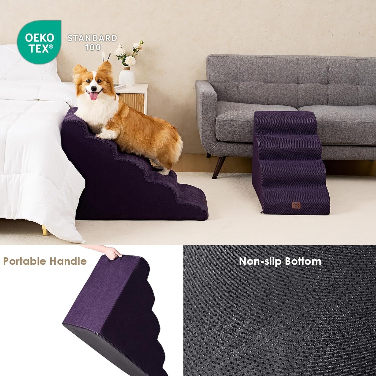 5 Step Dog Stairs for High Bed Non Slip Pet Steps Purple