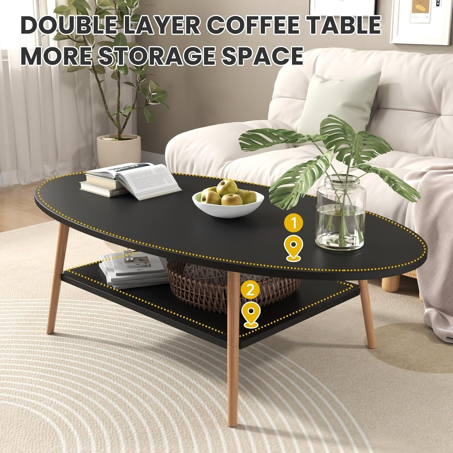 Black 2-Tier Oval Coffee Table 120x60x42cm Modern Storage Wood Frame