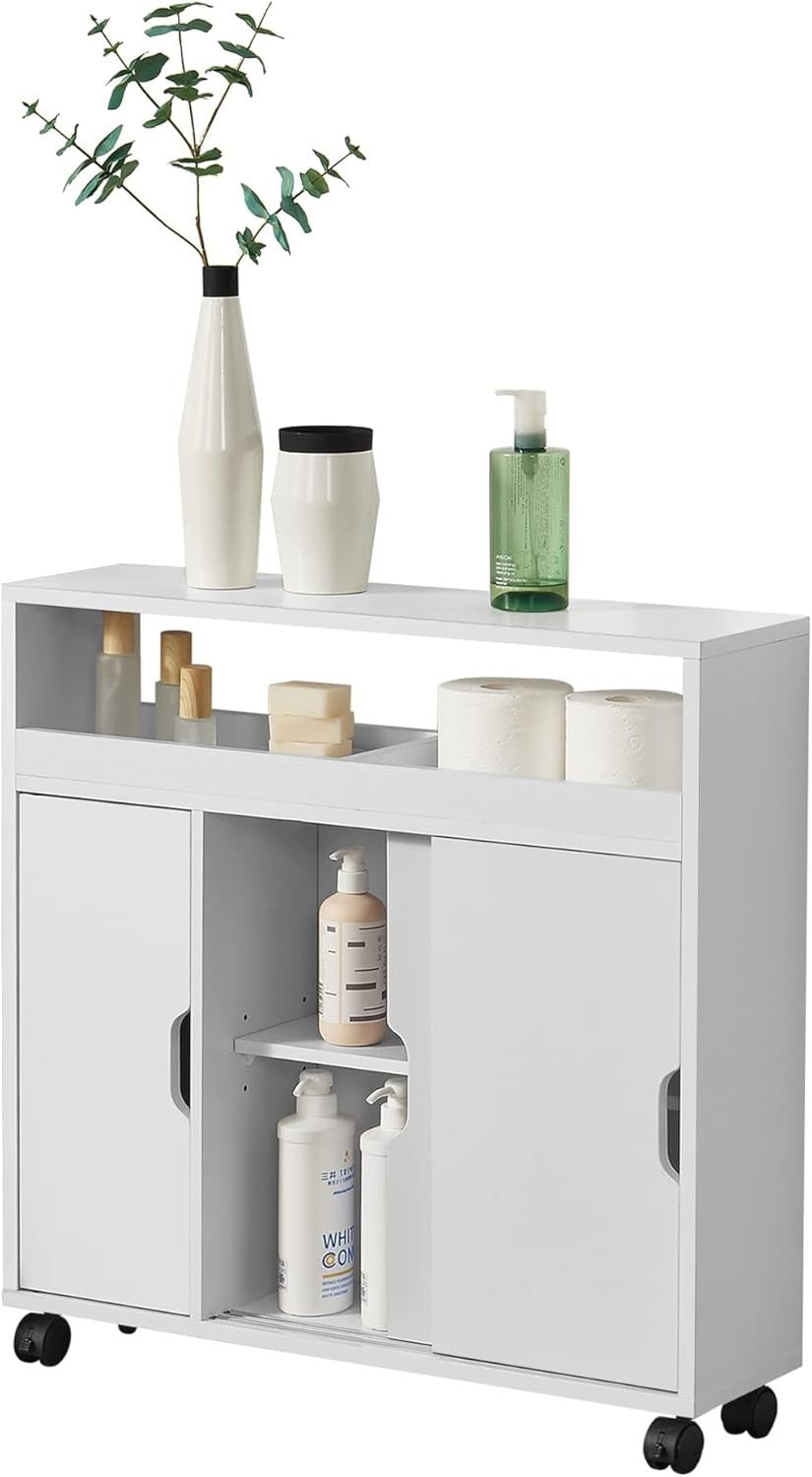 Space-Saving Bathroom Cabinet with Sliding Doors & Castors, 71x70x20 cm