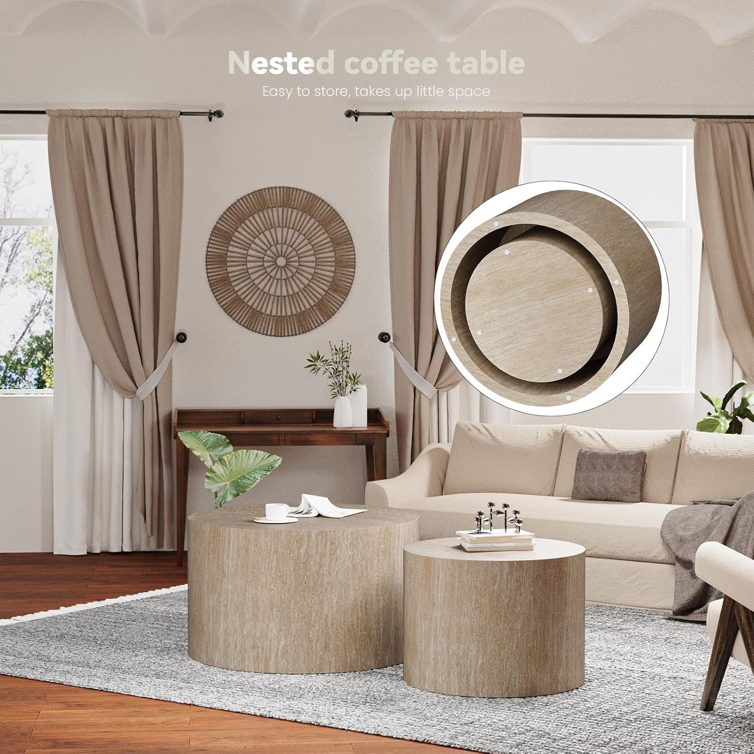 Round Nesting Coffee Table Set of 2 Modern Wood Side End Tables Living Room Beig