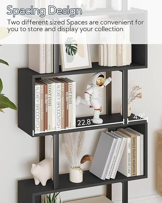 Tall S-Shaped 6-Tier Bookshelf Modern Display Storage Unit for Living Room