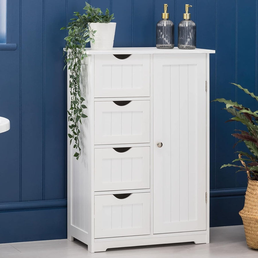 Bathroom Cabinet White Storage Unit with Drawers & Door – Slim Floor Cupboard