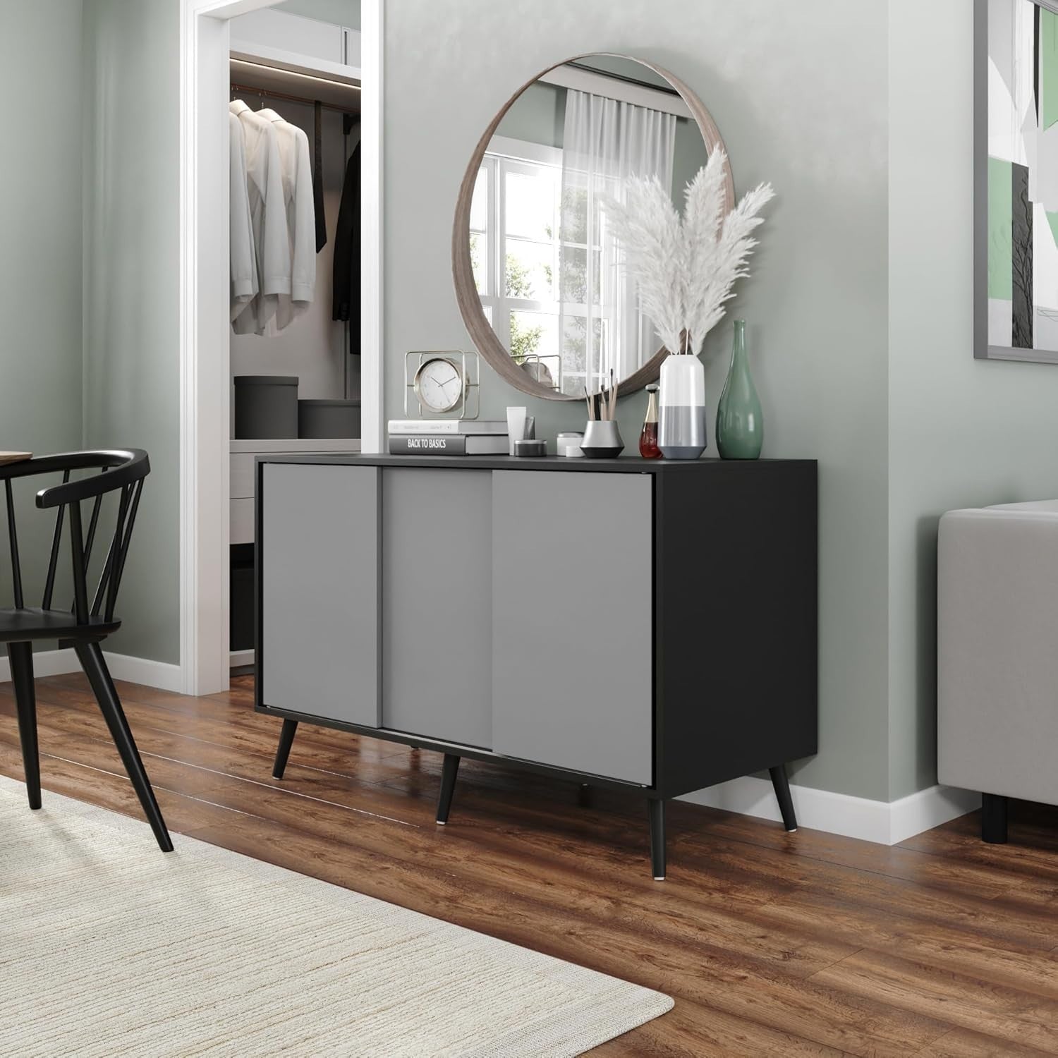 3 Door Sliding Sideboard Cabinet Wooden Black Leg Modern Storage Organizer Grey