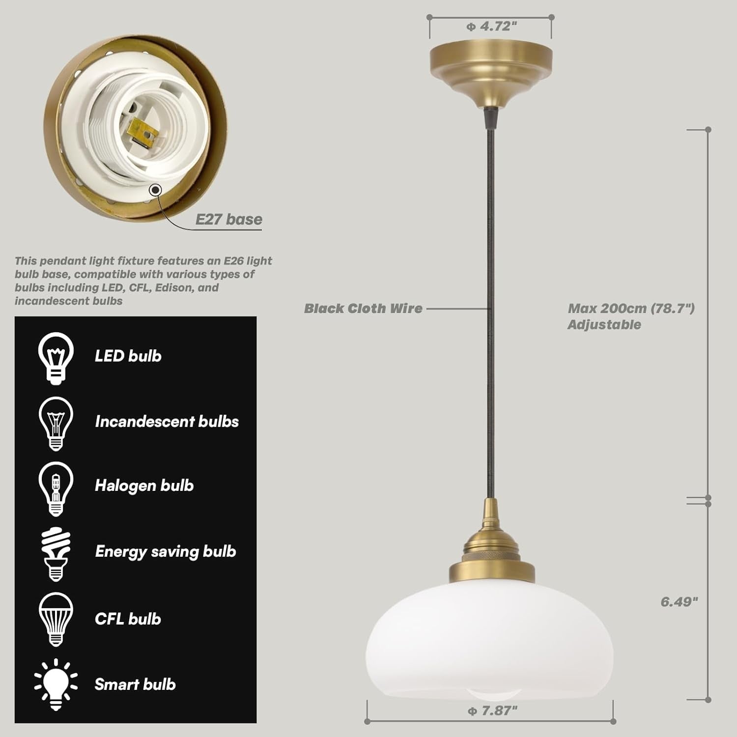Vintage Globe Glass Pendant Ceiling Light E27 Hardwired Hanging Lamp