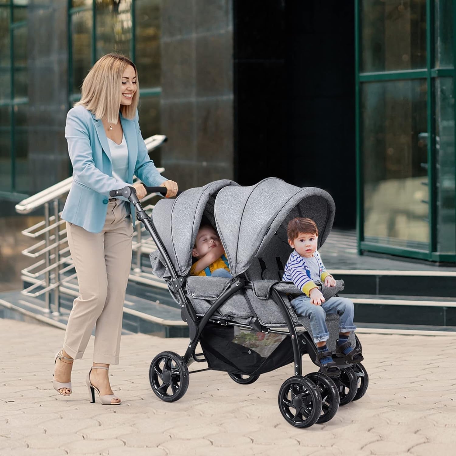 Double Baby Stroller Tandem Pushchair Adjustable Handle Foldable 30kg