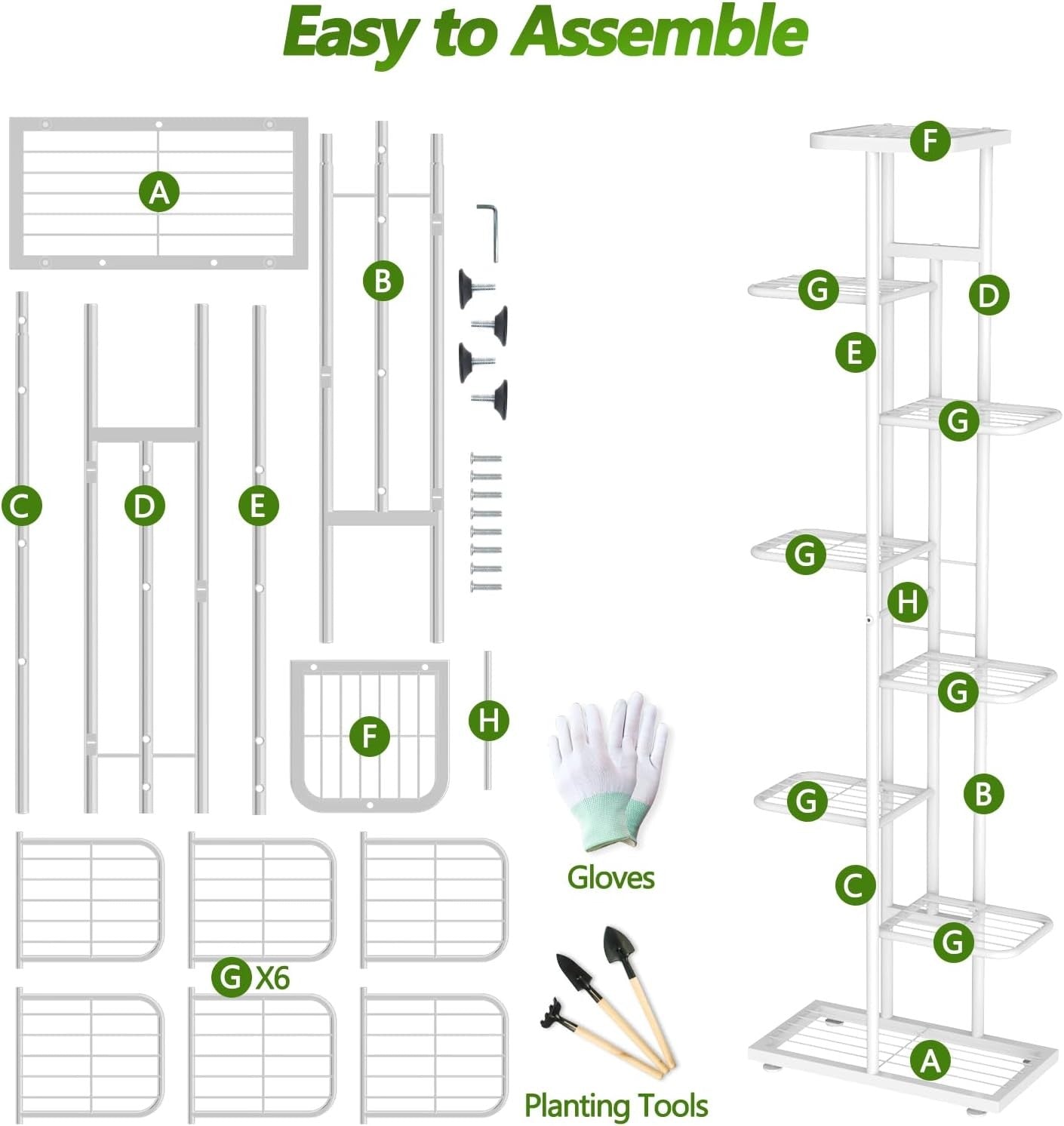 8 Tier White Metal Plant Stand Tall Indoor Outdoor Flower Shelf with Tools Set