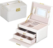 Portable PU Leather Jewelry Chest with Mirror Lock 3 Layer Organizer Case