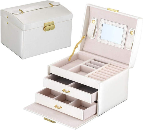 Portable PU Leather Jewelry Chest with Mirror Lock 3 Layer Organizer Case