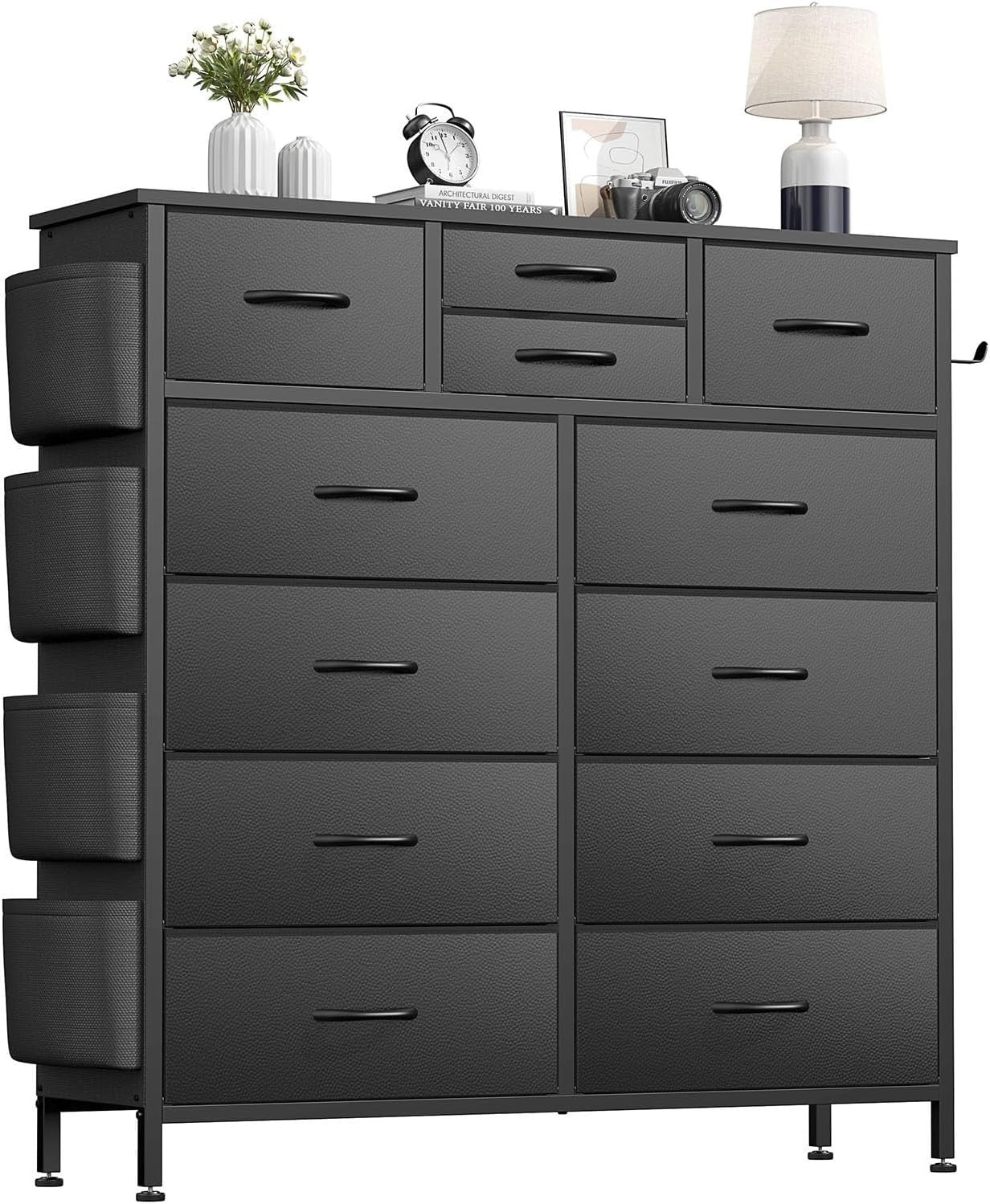 Black 12 Drawer Tall Storage Dresser Fabric Chest Hooks Kids Room Bedroom Hall