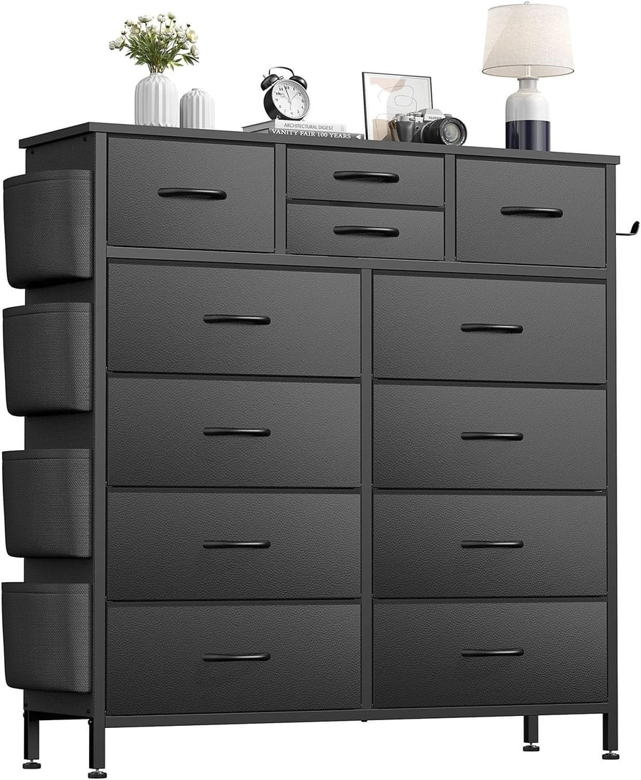 Black 12 Drawer Tall Storage Dresser Fabric Chest Hooks Kids Room Bedroom Hall